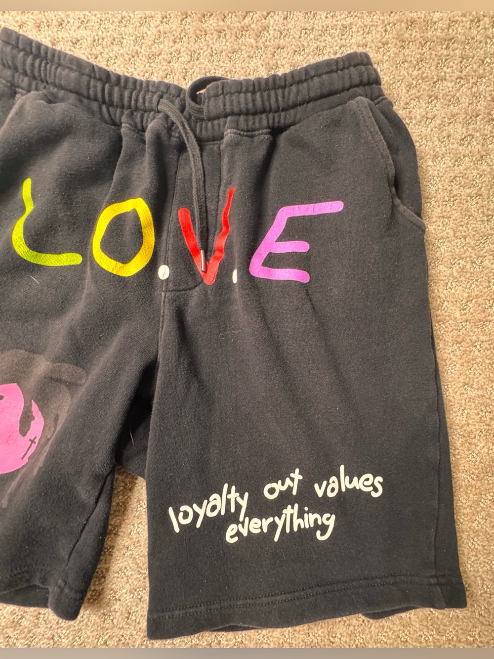 L.O.V.E. "Loyalty Over Values Everything" Black Graphic Sweat Shorts - Size S - Picture 9 of 9